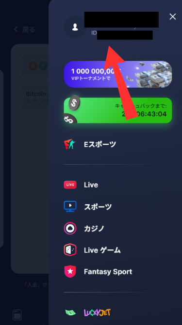 ワンウィンカジノ(1win)から出金する際にアカウントページを開く