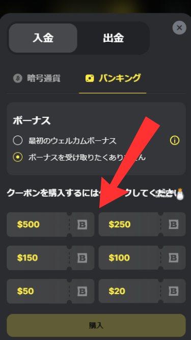 ベットキンカジノにクレジットカードで入金する際に入金額を選択