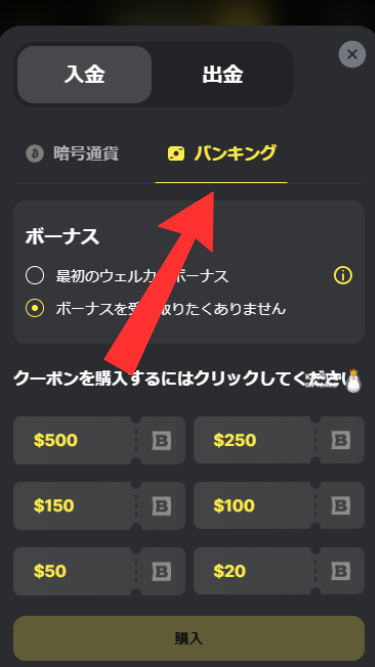 ベットキンカジノにクレジットカードで入金する際にバンキングを開く