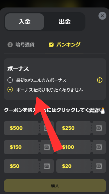 ベットキンカジノにクレジットカードで入金する際にボーナスを選択
