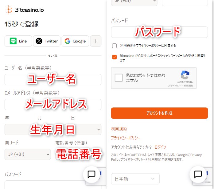 ビットカジノの新規登録でメールアドレスやパスワードを入力する