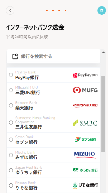 ビットカジノに日本円で入金する際にインターネットバンク送金を選択した場合の表示画面