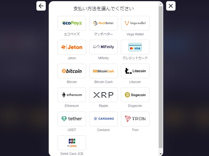 ビットスターズの入金方法一覧から選択する