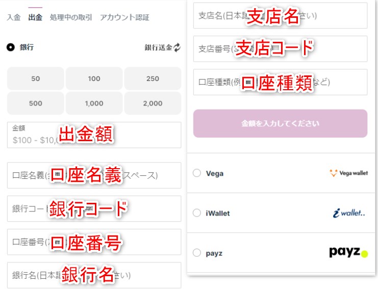 カジノシークレットの銀行出金で口座番号や銀行名などの情報を入力する