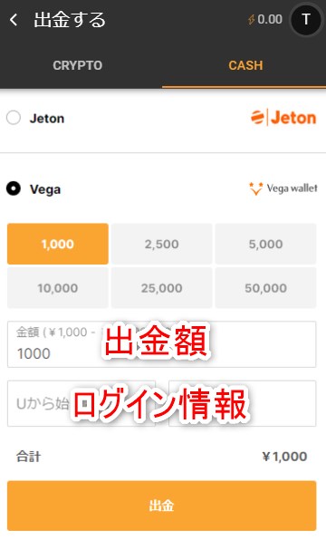クラウドベットの電子ウォレット出金で手段と出金額を入力する