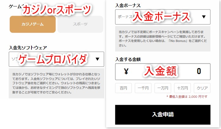 エルドアカジノの入金でプロバイダや入金額を入力する