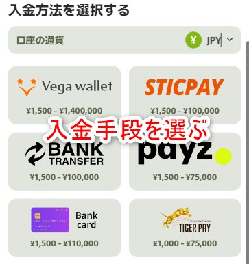 フレッシュカジノの入金手段を選択する