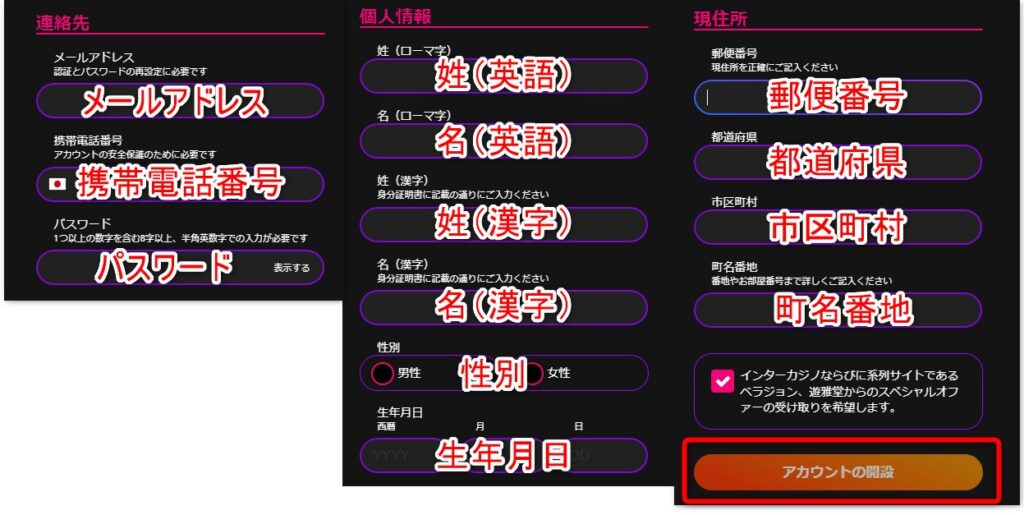 インターカジノの登録情報を入力する