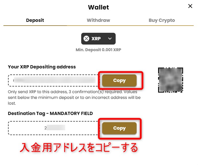 ラッキーブロックカジノの入金でアドレスをコピーする