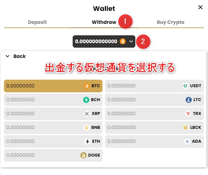 ラッキーブロックカジノで出金する仮想通貨を選択する