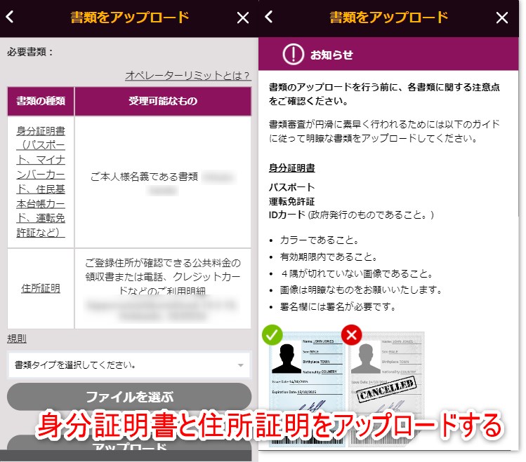 ラッキーニッキーのKYCで身分証明書と住所書類をアップロードする