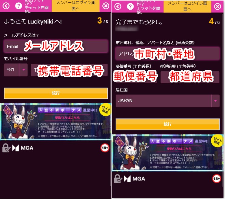 ラッキーニッキーの登録でメールアドレス・電話番号・住所を入力する