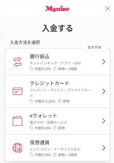 ミスティーノの入金手段一覧を確認する
