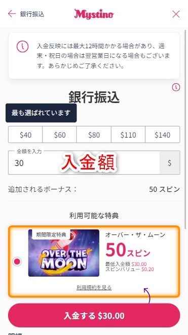 ミスティーノで入金額を入力する