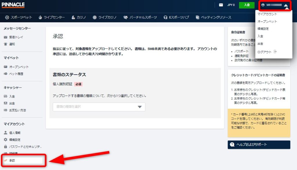 ピナクルカジノのKYCで認証ボタンをクリック