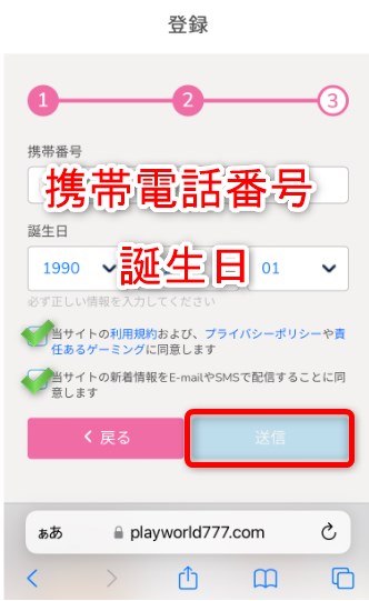 プレイワールドカジノのノーマルプランの登録で携帯番号と誕生日を入力する