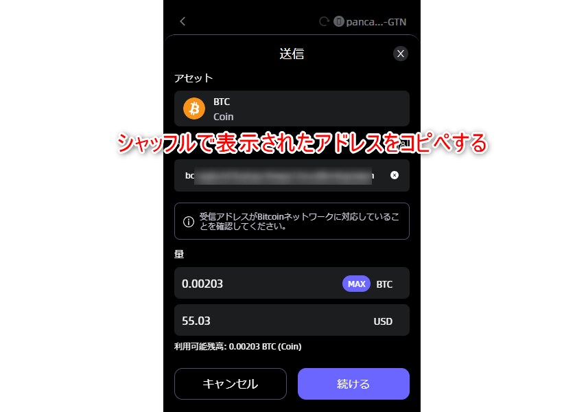 セーフパルからシャッフルカジノ(SHUFFLE)に送金する