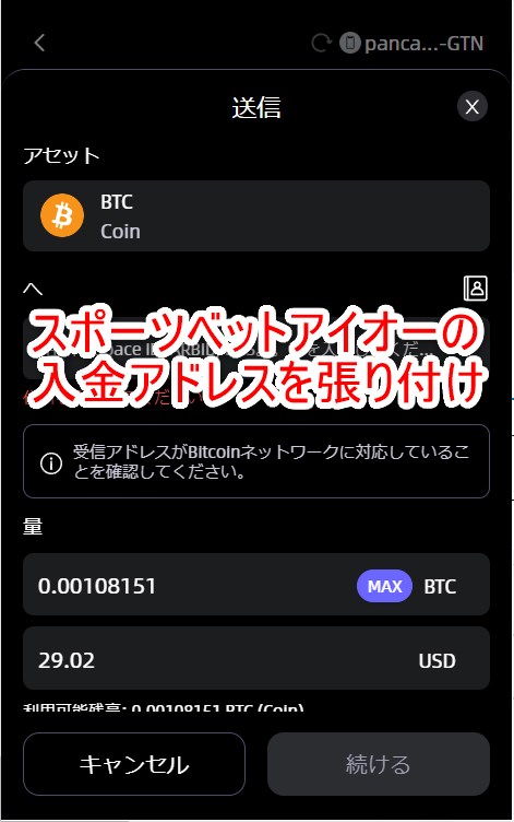 スポーツベットアイオーにセーフパルから入金するときに入金アドレスを入力する