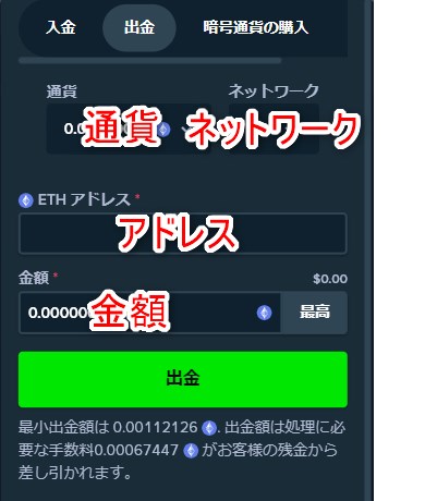 ステークカジノの仮想通貨出金でアドレスや金額を入力する