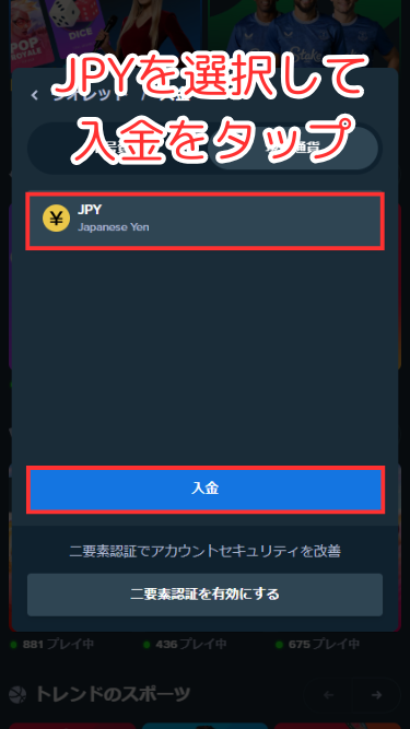 ステークカジノに入金する際にJPYを選択