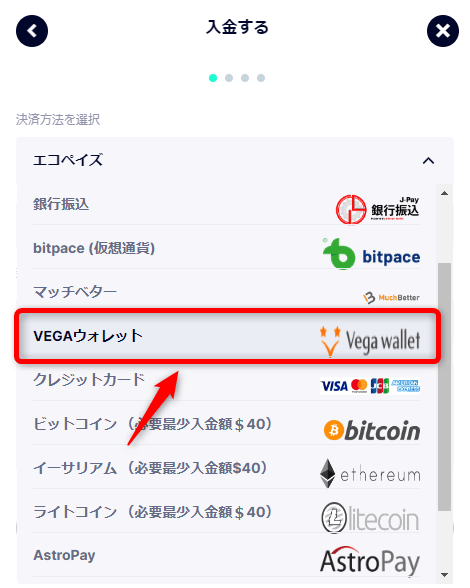 ベガ ウォレットからオンカジサイトへの入金方法１