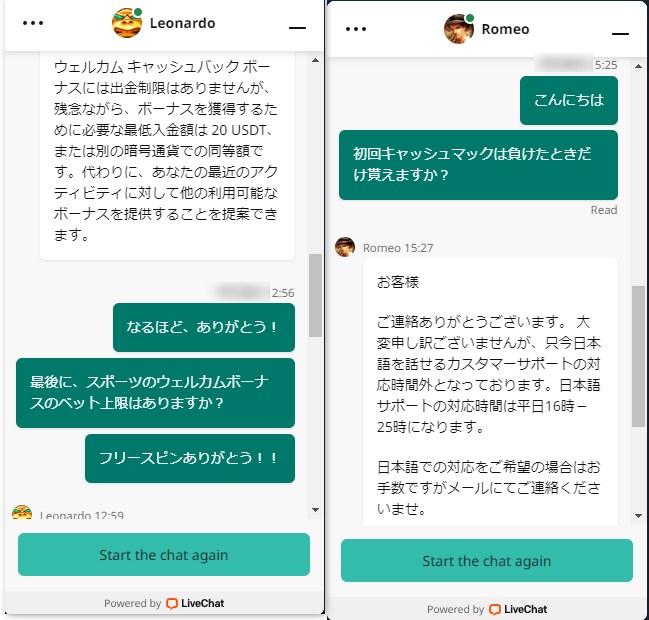 ベイブカジノのライブチャットで質問する