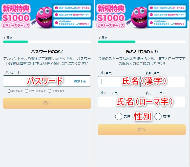 ベラジョンカジノの登録でパスワードと氏名を入力する