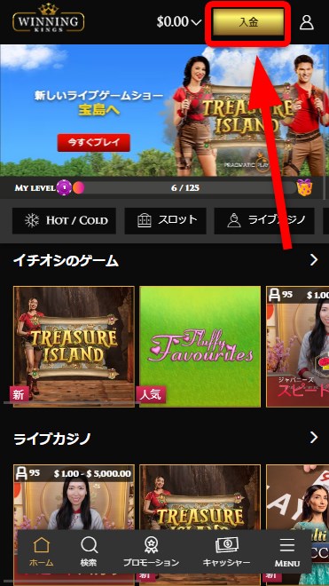 ウィニングキングスの入金をタップする