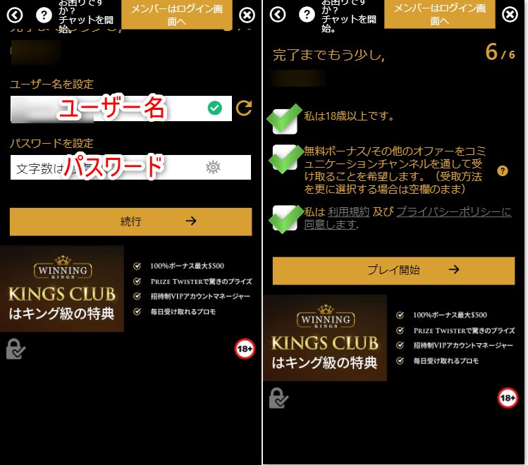 ウィニングキングスの登録でユーザー名とパスワードを設定する