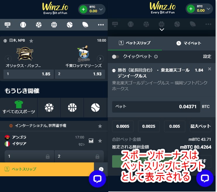 ウィンズアイオーのスポーツベット画面