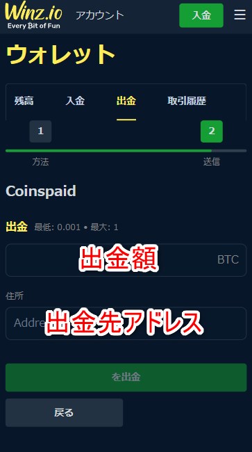 ウィンズアイオーの仮想通貨出金で金額とアドレスを入力する