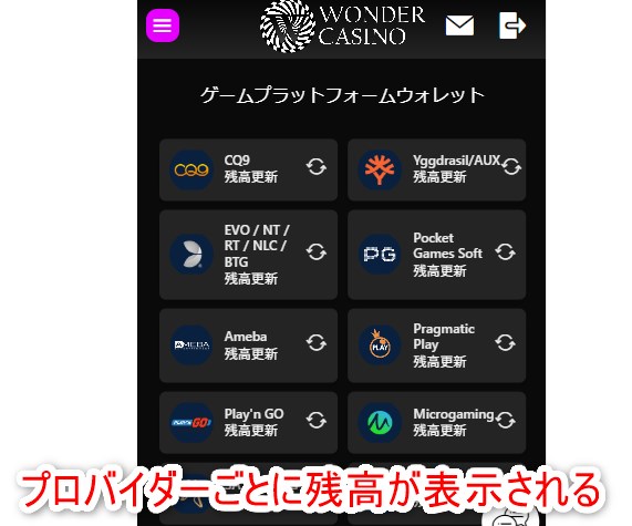 ワンダーカジノのプロバイダー管理ウォレットを見る