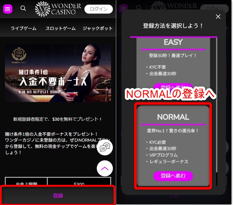 ワンダーカジノのノーマルプランの登録をタップする