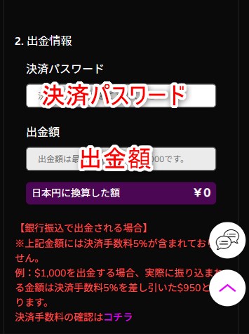 ワンダーカジノの出金で決済パスワードと出金額を入力する