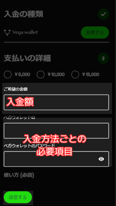 エクストリームカジノで入金情報の入力