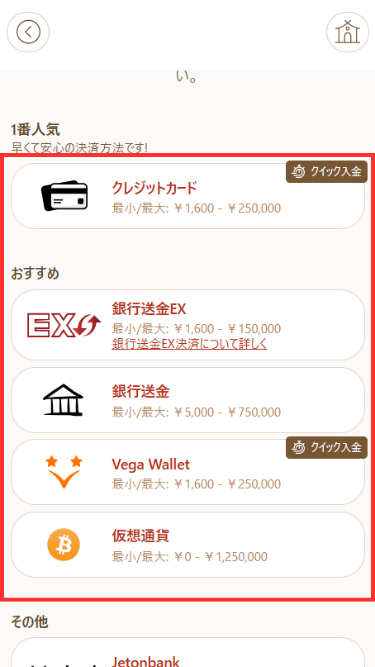 遊雅堂に入金する際に入金手段を選択